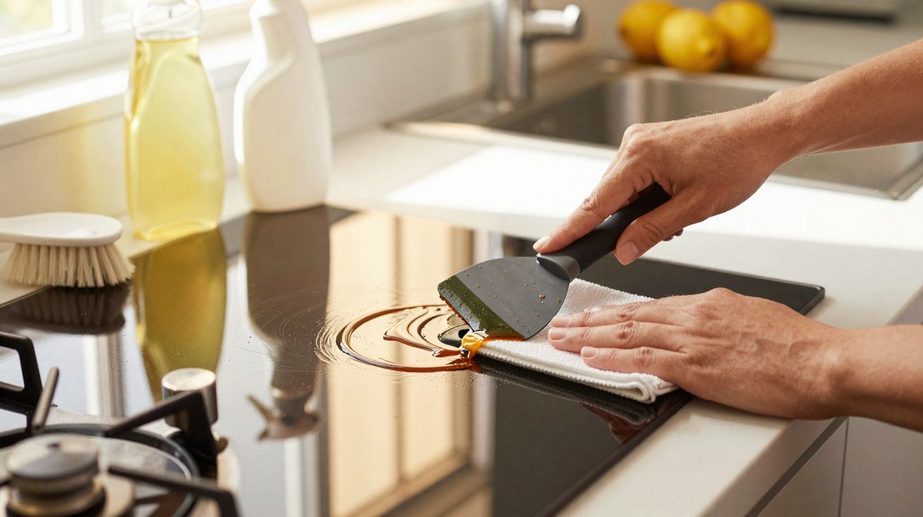 Mãos a limpar mancha de fogo em placa de cozinha com espátula e pano branco numa cozinha moderna.