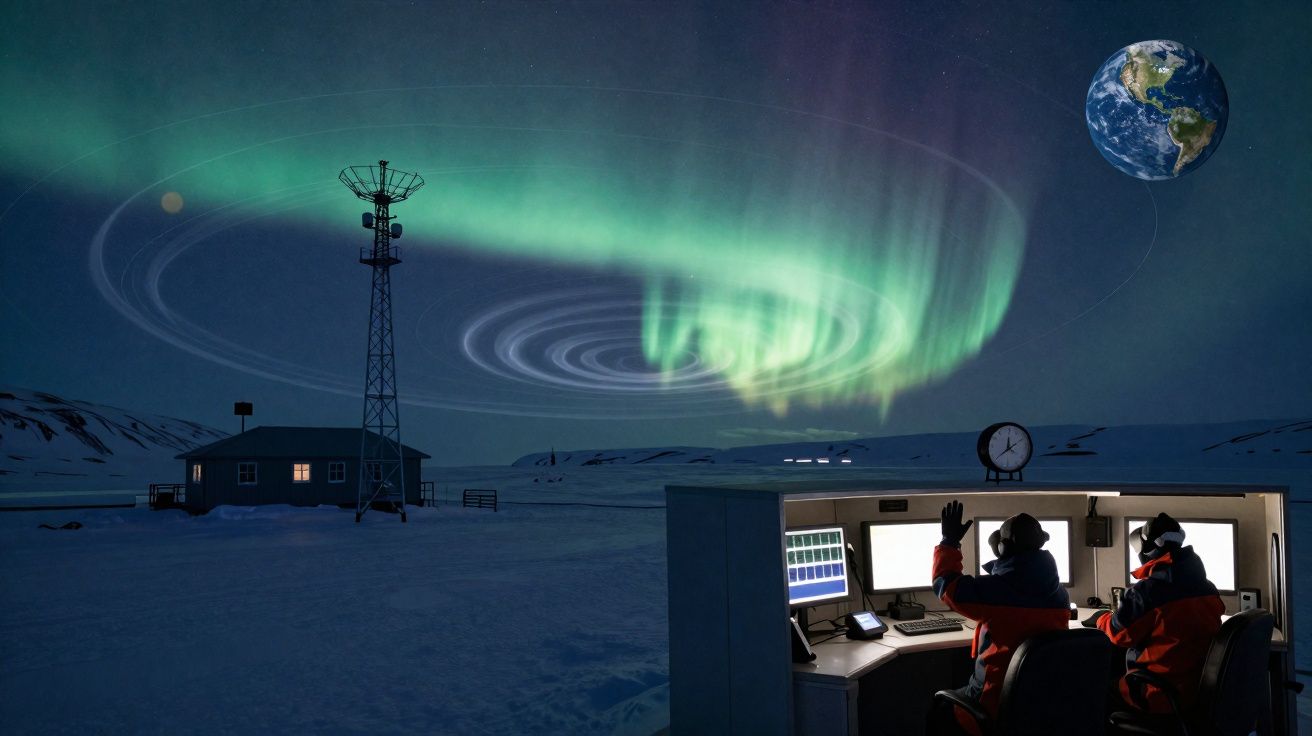 Observação do céu com auroras boreais, equipamentos de controlo e a Terra visível no horizonte noturno no Ártico.