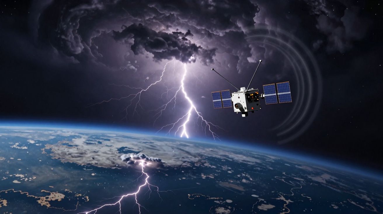 Satélite em órbita da Terra durante tempestade com relâmpagos e nuvens escuras no espaço.