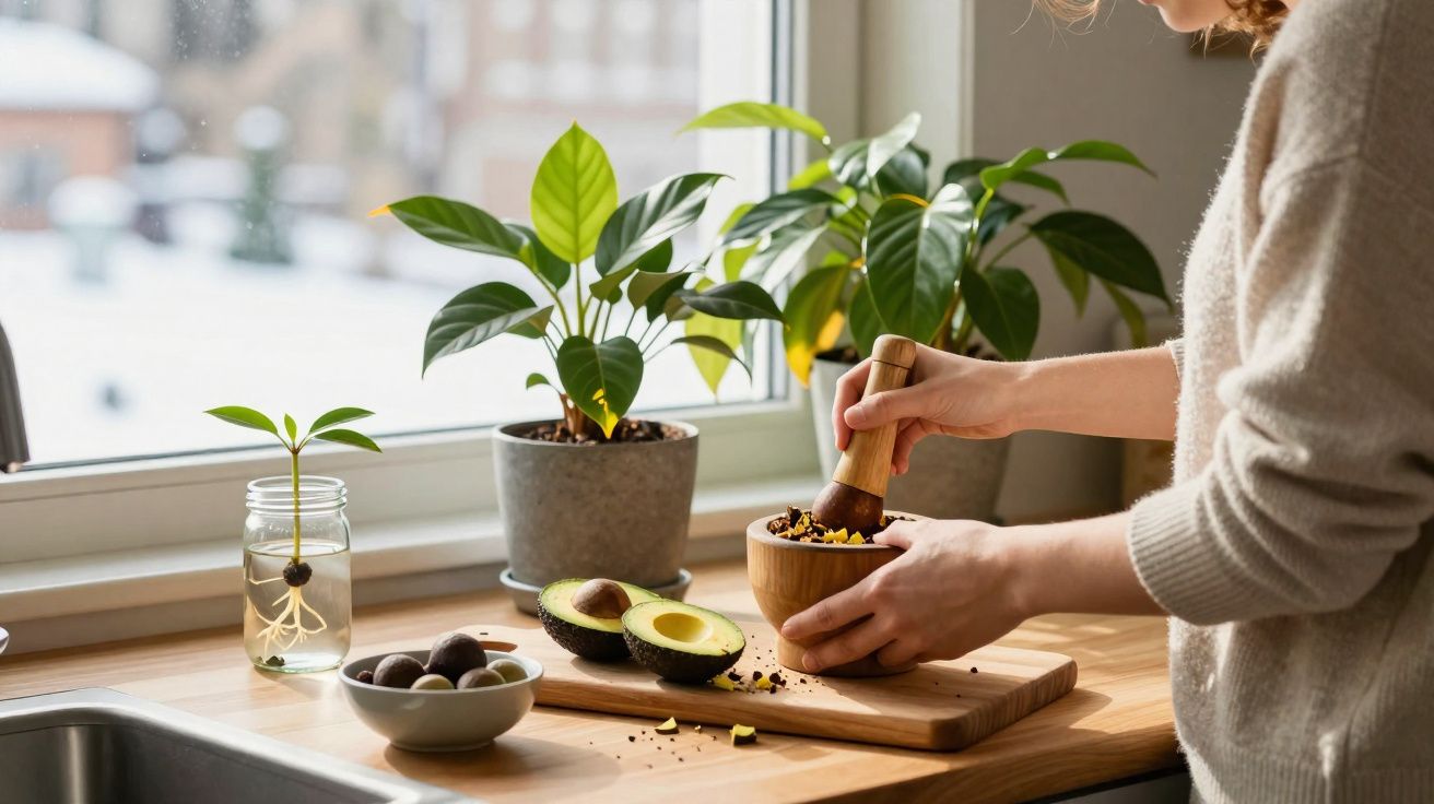 Pessoa a esmagar ingredientes num almofariz na cozinha com abacate e plantas na janela.