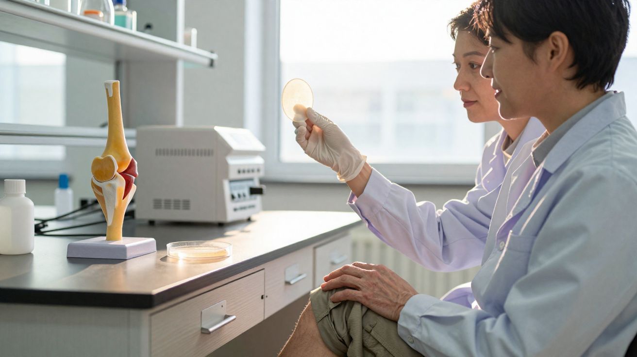 Duas cientistas analisam uma placa de Petri num laboratório com modelo anatómico do joelho sobre a mesa.