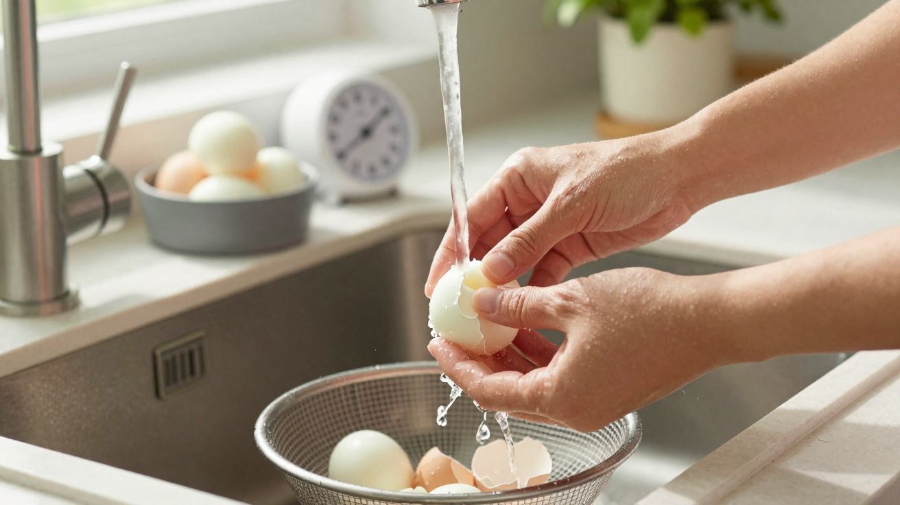 Mãos a descascar ovos cozidos sob água corrente numa cozinha moderna com escorredor e ovos ao fundo.
