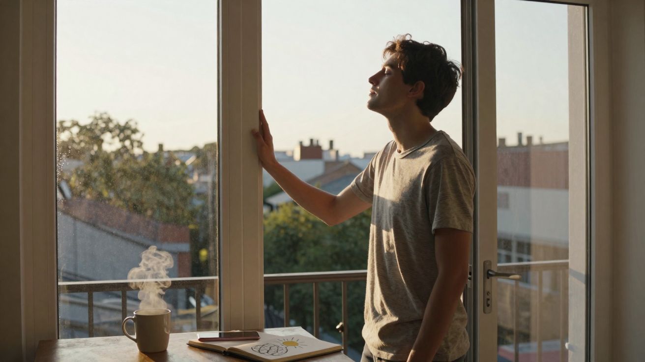Homem jovem a desfrutar da luz do sol junto a uma janela aberta com chá fumegante numa mesa próxima.