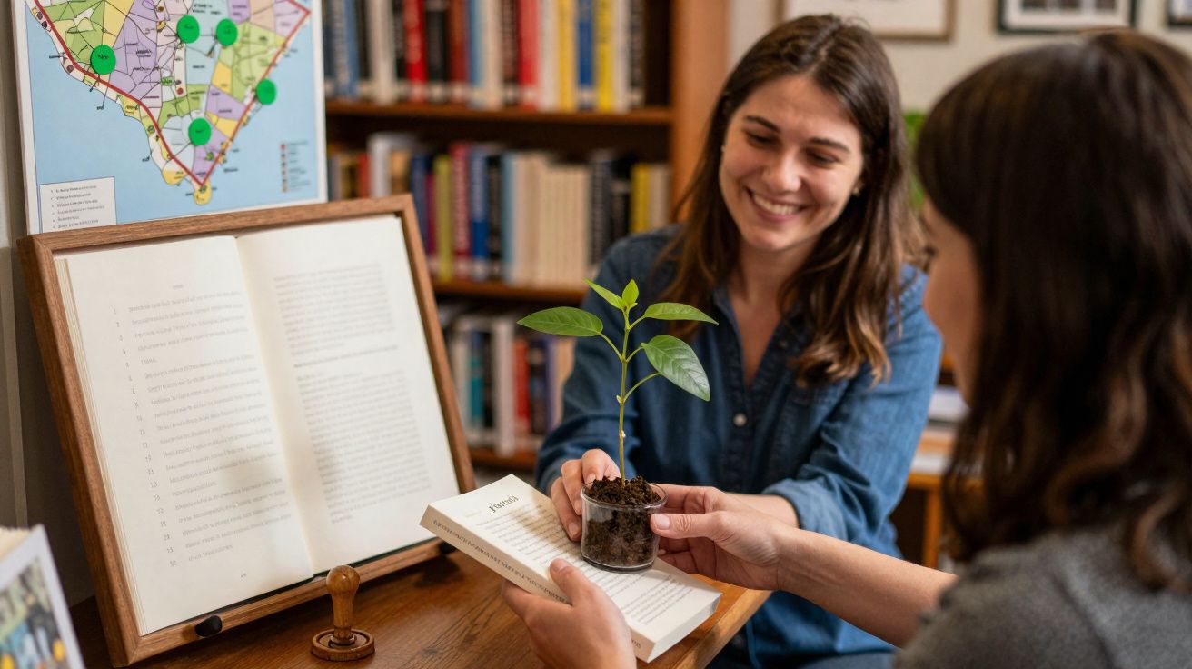 Duas mulheres em biblioteca trocando um pequeno vaso com uma planta jovem, sorrindo.
