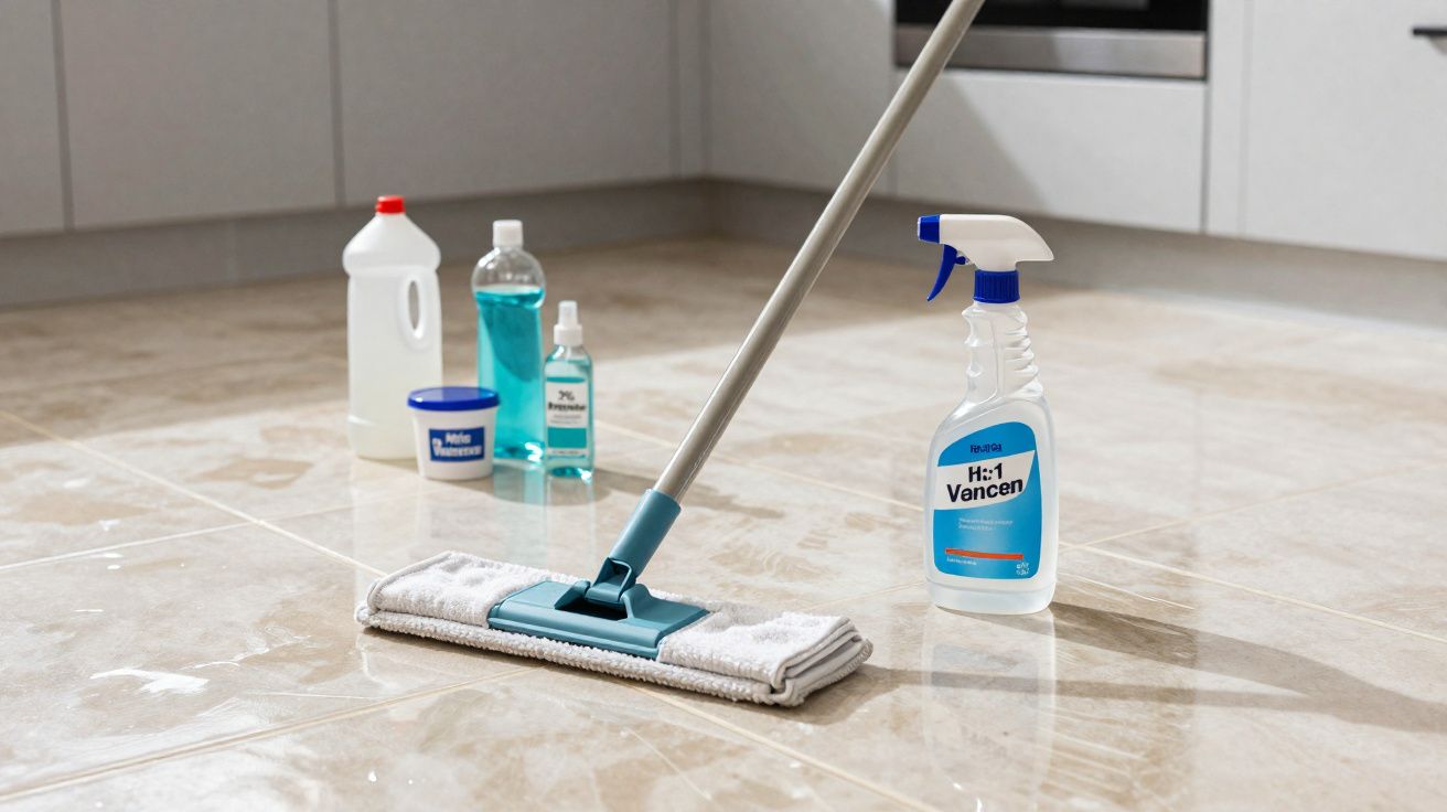 Mopa a limpar chão de azulejo com vários produtos de limpeza ao fundo numa cozinha.