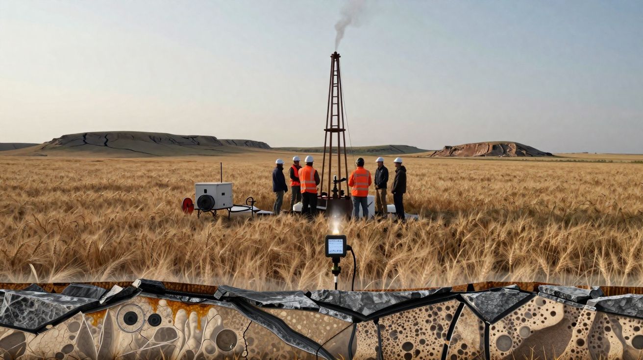 Trabalhadores em campo de trigo junto a sonda de perfuração com fumo, ilustrando a extração geológica.