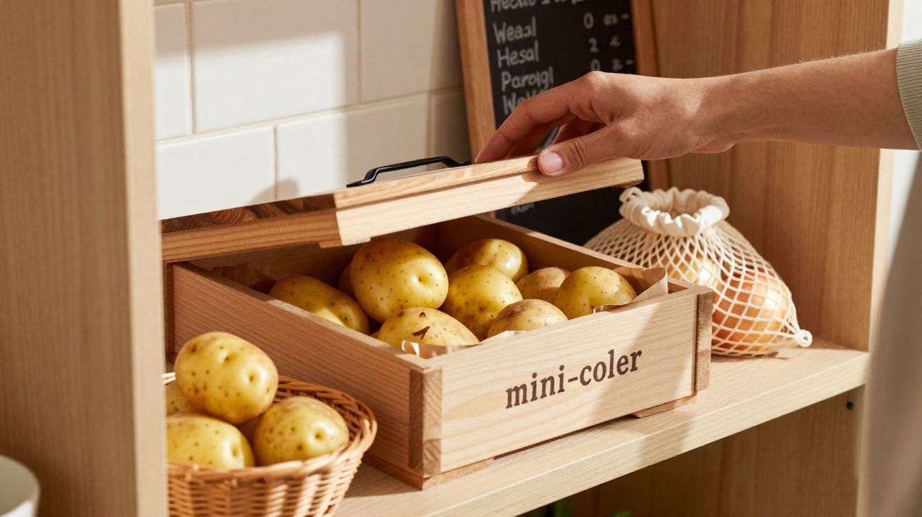 Mão a abrir caixa de madeira com batatas numa prateleira de cozinha, ao lado de cesto e saco de rede.