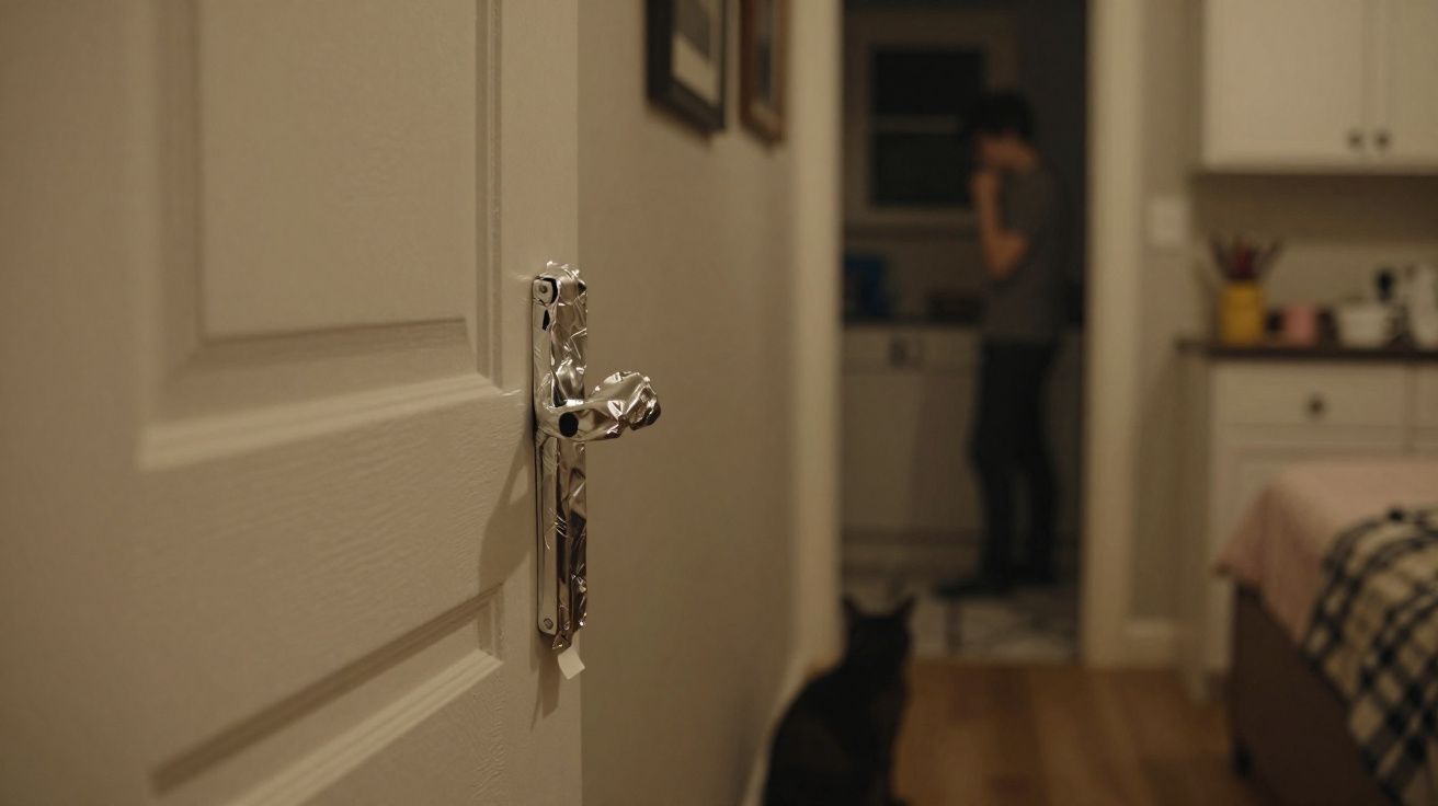 Pessoas e gato no fundo desfocado com a maçaneta da porta em destaque no primeiro plano.