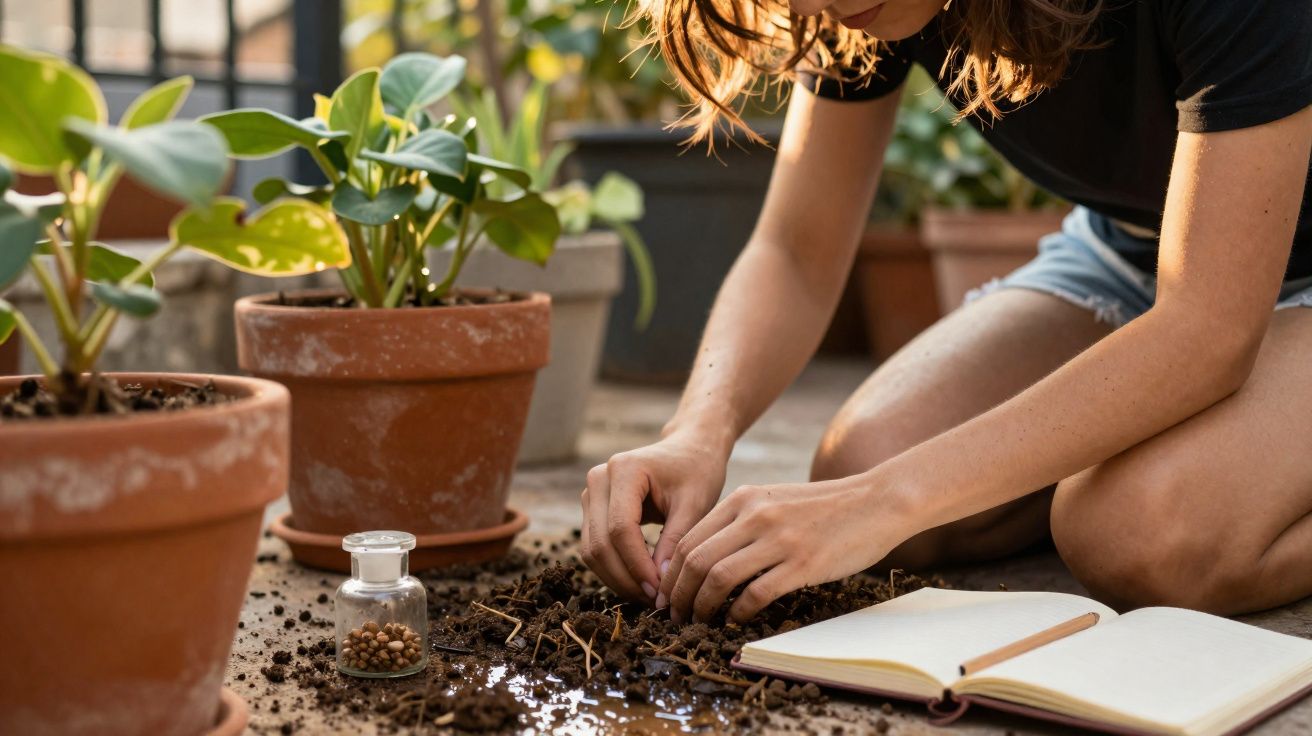 Pessoa a semear sementes em terra, rodeada por vasos de plantas e um caderno aberto ao lado.
