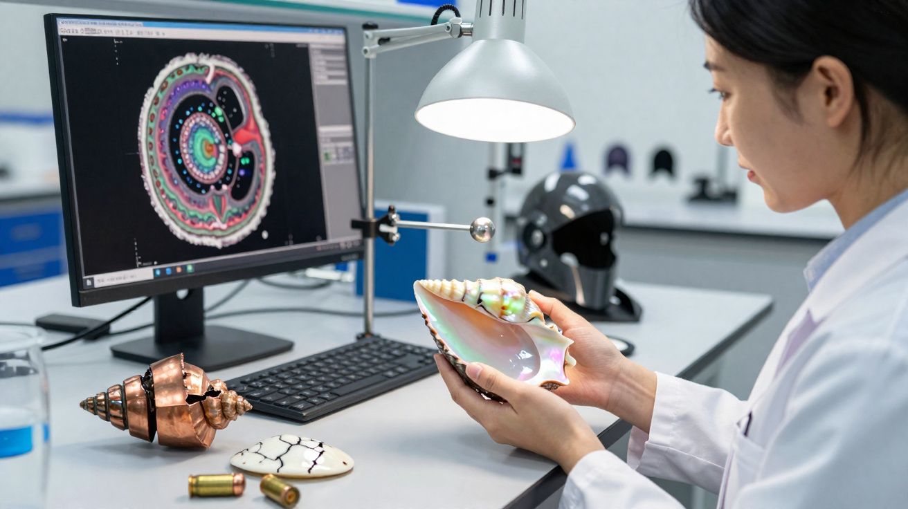 Mulher em laboratório a examinar uma concha marinha enquanto vê imagens digitais no computador.
