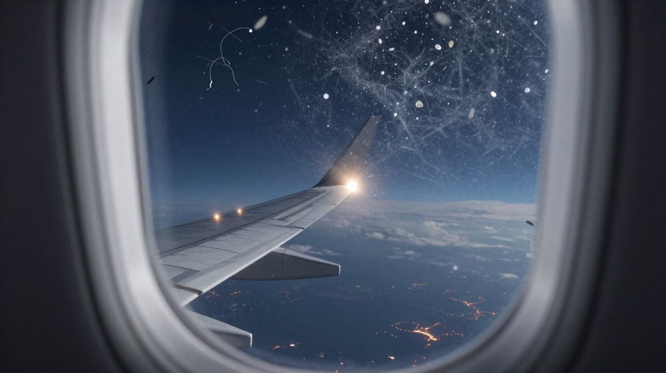 Vista noturna pelo vidro de avião com asa iluminada e cidade com luzes ao longe abaixo das nuvens.