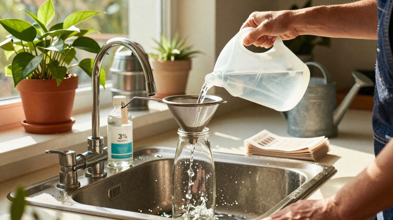 Pessoa a verter água num funil para uma garrafa, numa cozinha com luz natural e plantas na janela.