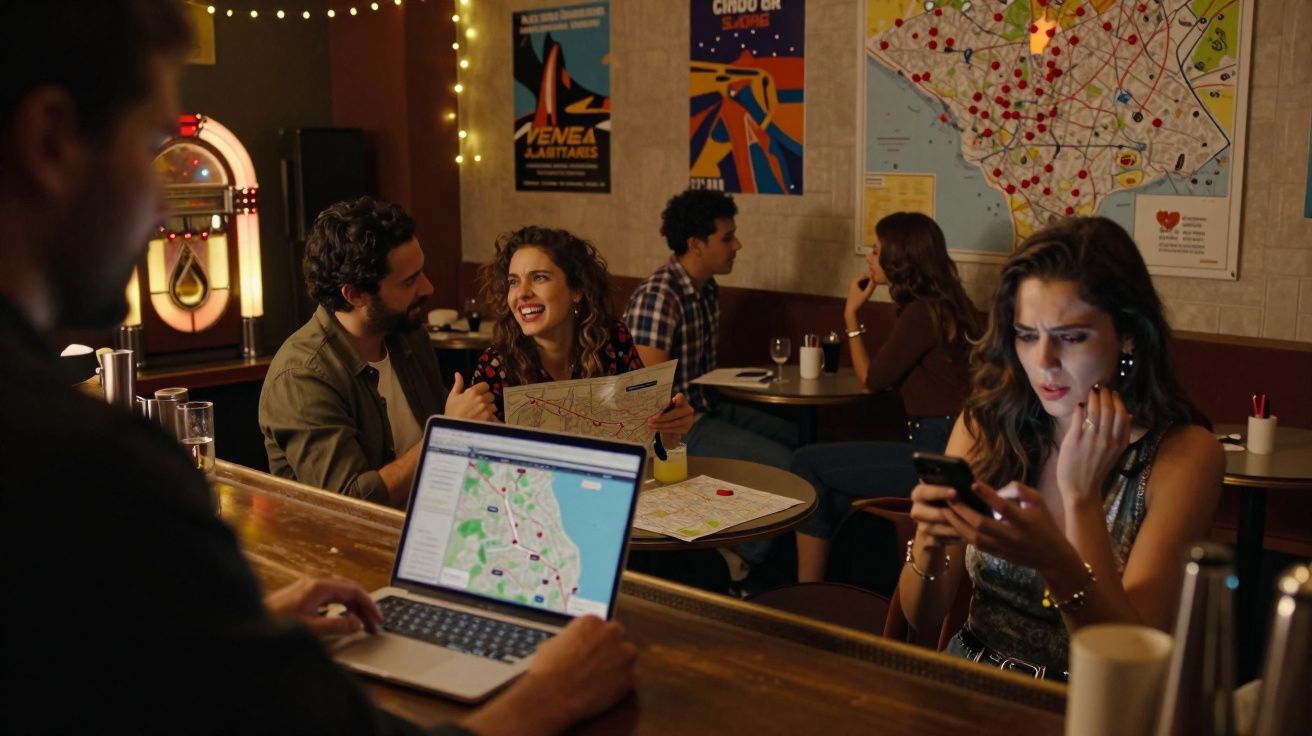 Interior de bar com pessoas a olhar para mapas e telemóvel, com decoração de luzes e cartazes nas paredes.