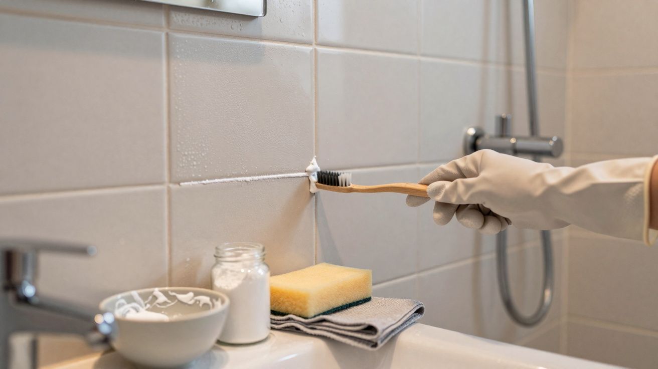 Pessoa com luva a limpar rejunte das linhas de azulejos da casa de banho com escova de dentes e pasta de limpeza.