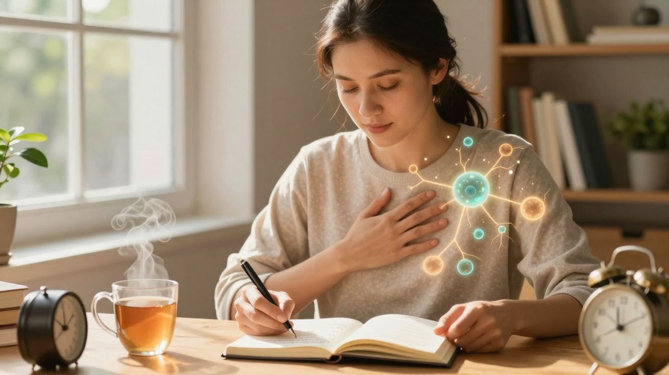 Mulher a escrever num caderno com gráficos de moléculas digitais sobrepostos ao seu peito.