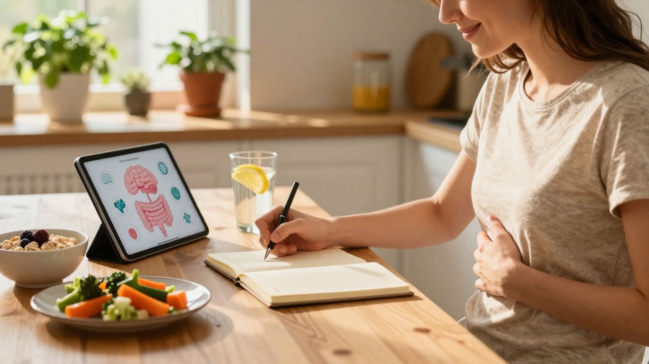Mulher grávida escrevendo num caderno, com tablet a mostrar sistema digestivo e legumes na mesa na cozinha.