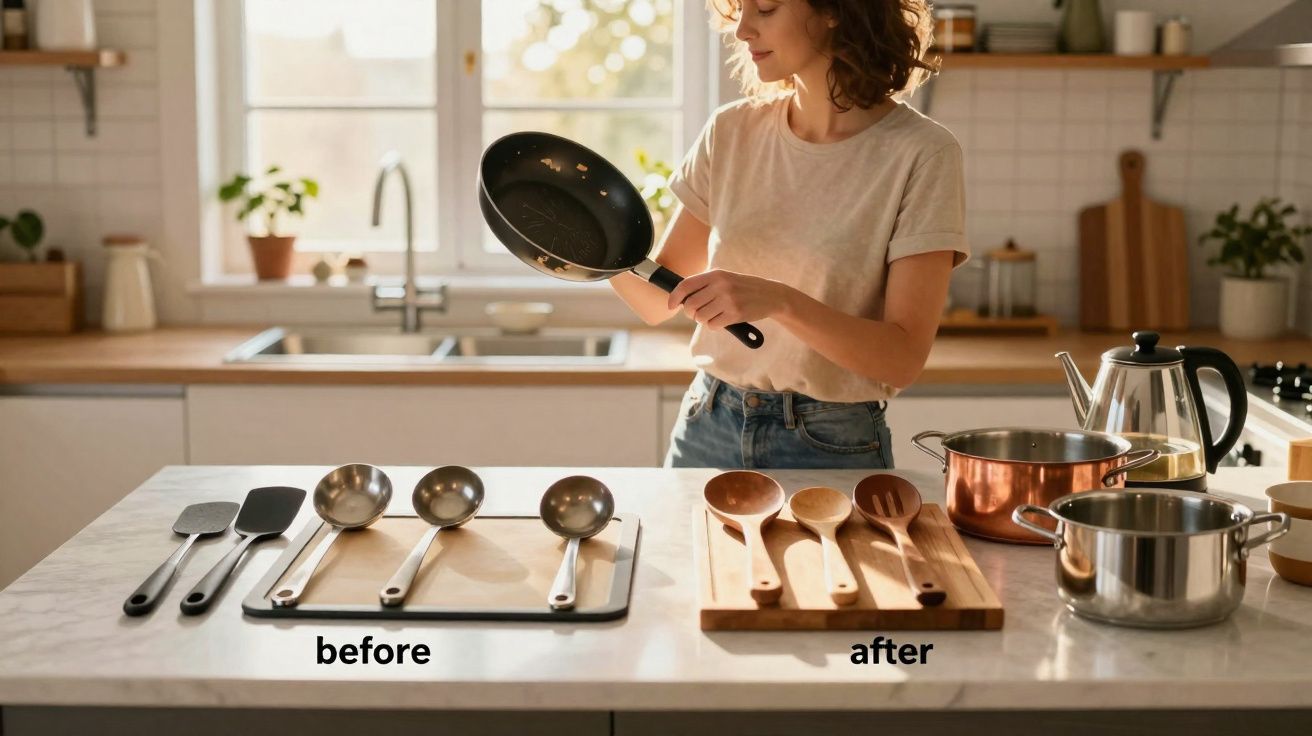 Mulher numa cozinha com utensílios de metal à esquerda e utensílios de madeira à direita organizados numa bancada.