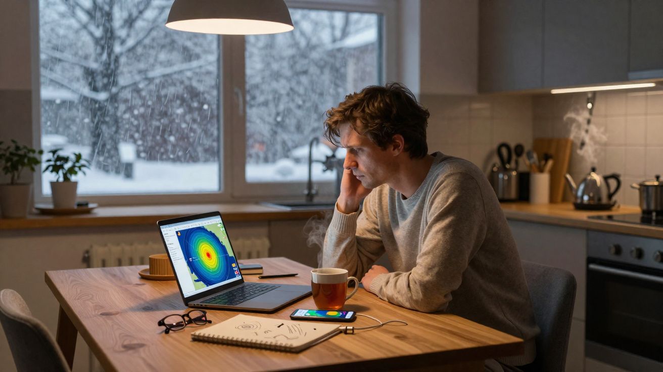 Homem sentado à mesa de cozinha a olhar para laptop com gráfico, com chá e telefone à sua frente, neve lá fora.