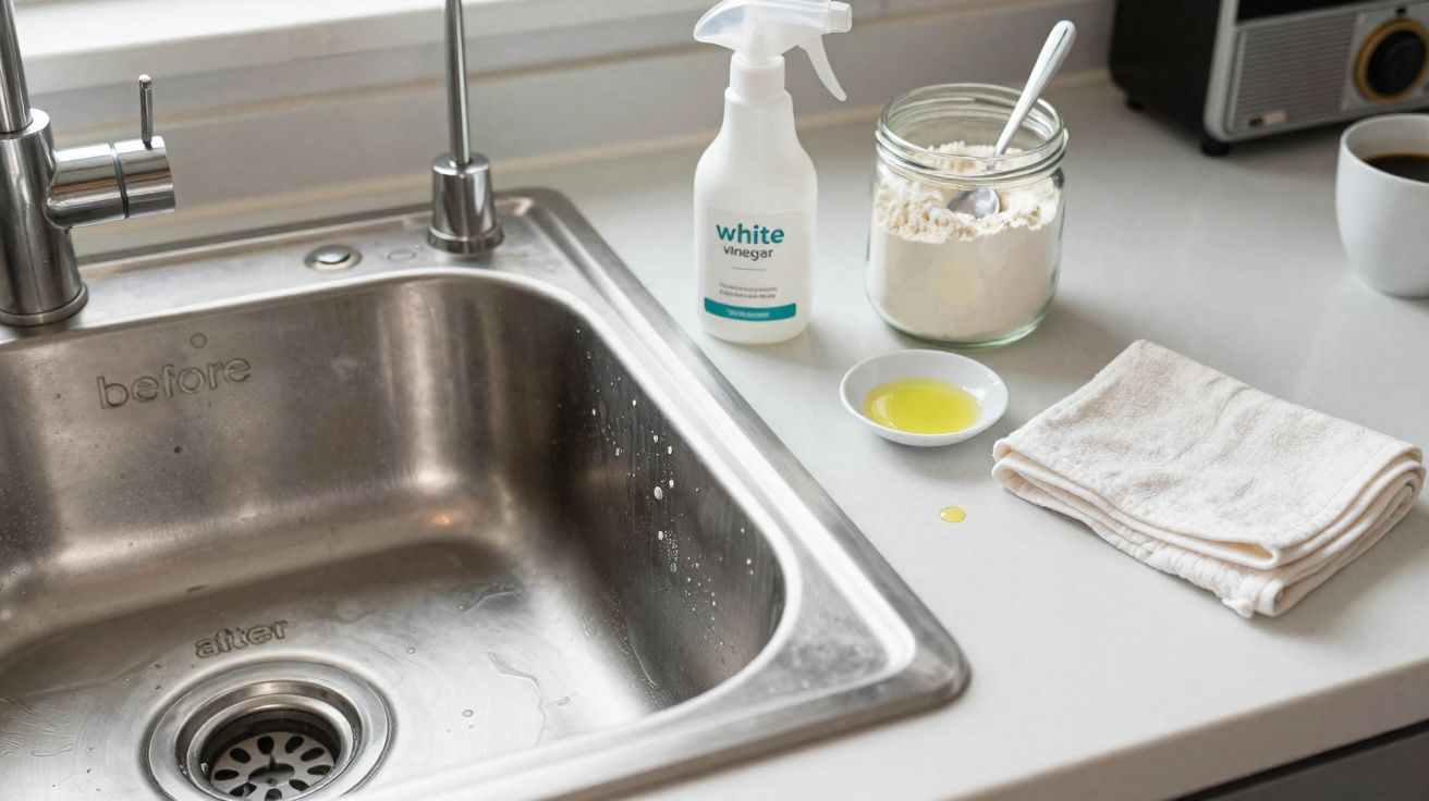 Pia de cozinha em aço inox com produtos de limpeza natural e pano branco organizados na bancada.