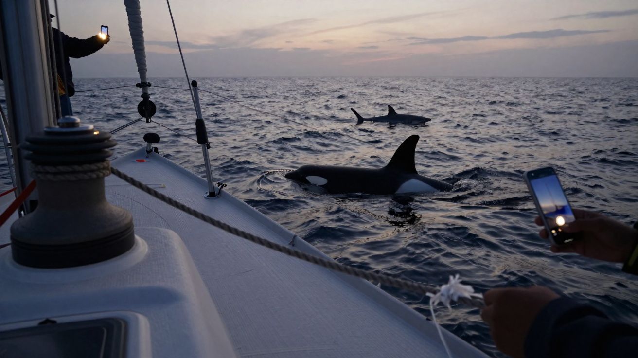 Baleias orcas próximas a um veleiro ao pôr do sol, com pessoas a fotografar com telemóveis.