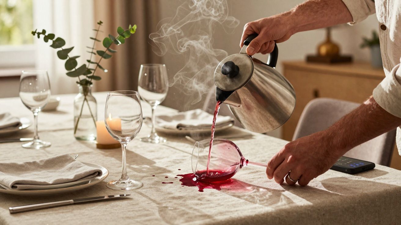 Pessoa a servir vinho tinto numa taça tombada numa mesa posta com pratos, copos e vela acesa.