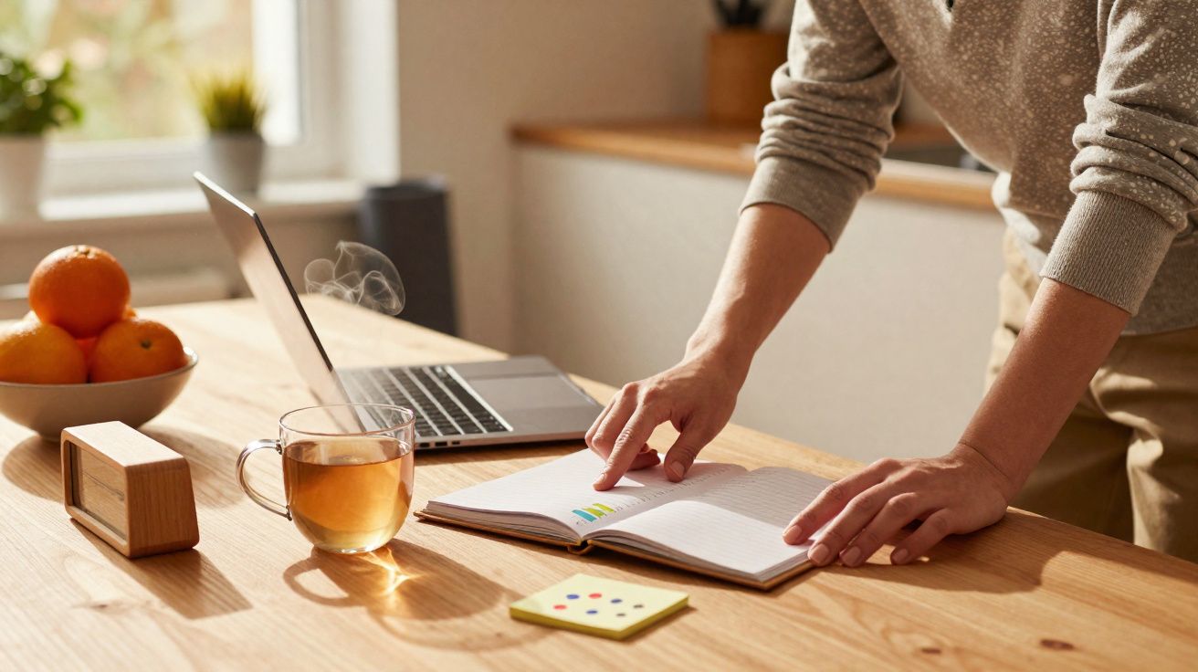 Pessoa a consultar notas num caderno numa mesa com chá quente, laptop e fruta num ambiente acolhedor.