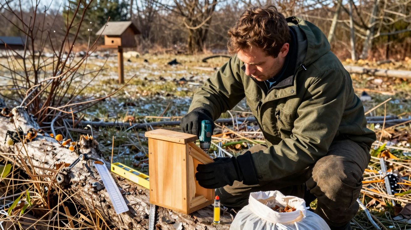 Homem a montar uma caixa-ninho de madeira no campo durante o dia frio e soalheiro de inverno.