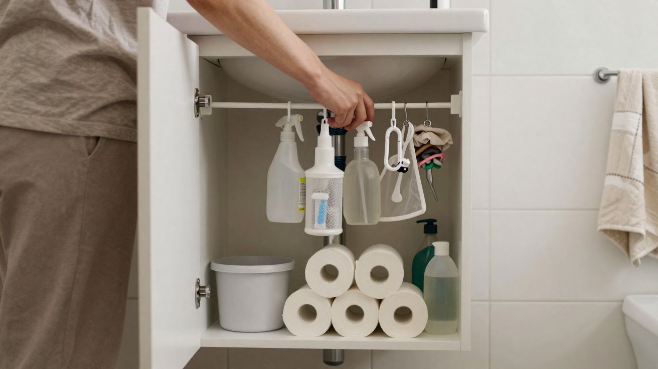 Armário de casa de banho aberto com rolos de papel higiénico e produtos de limpeza organizados.