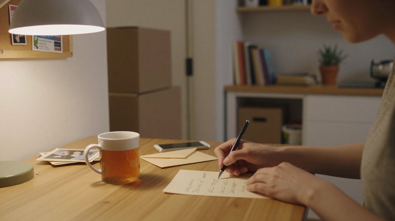 Pessoa a escrever uma carta numa mesa de madeira com chá, telemóvel e fotografias ao lado.