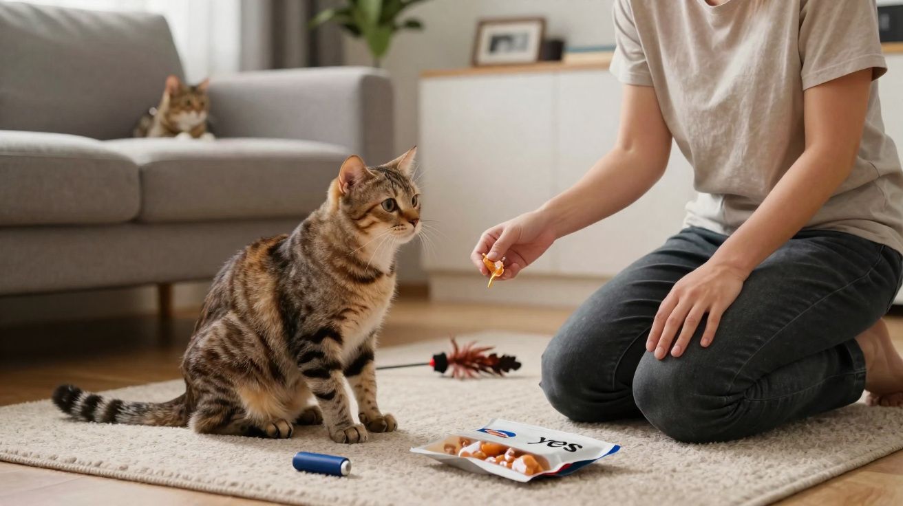 Pessoa a alimentar um gato tigrado sentado num tapete, com outro gato ao fundo no sofá cinza.