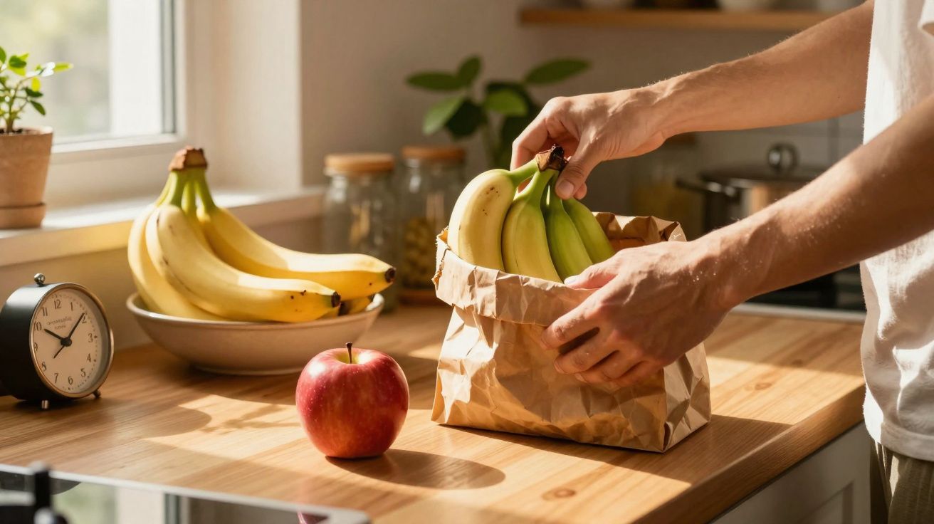 Mãos a colocar bananas numa sacola de papel numa bancada de cozinha com maçã e relógio preto próximos.