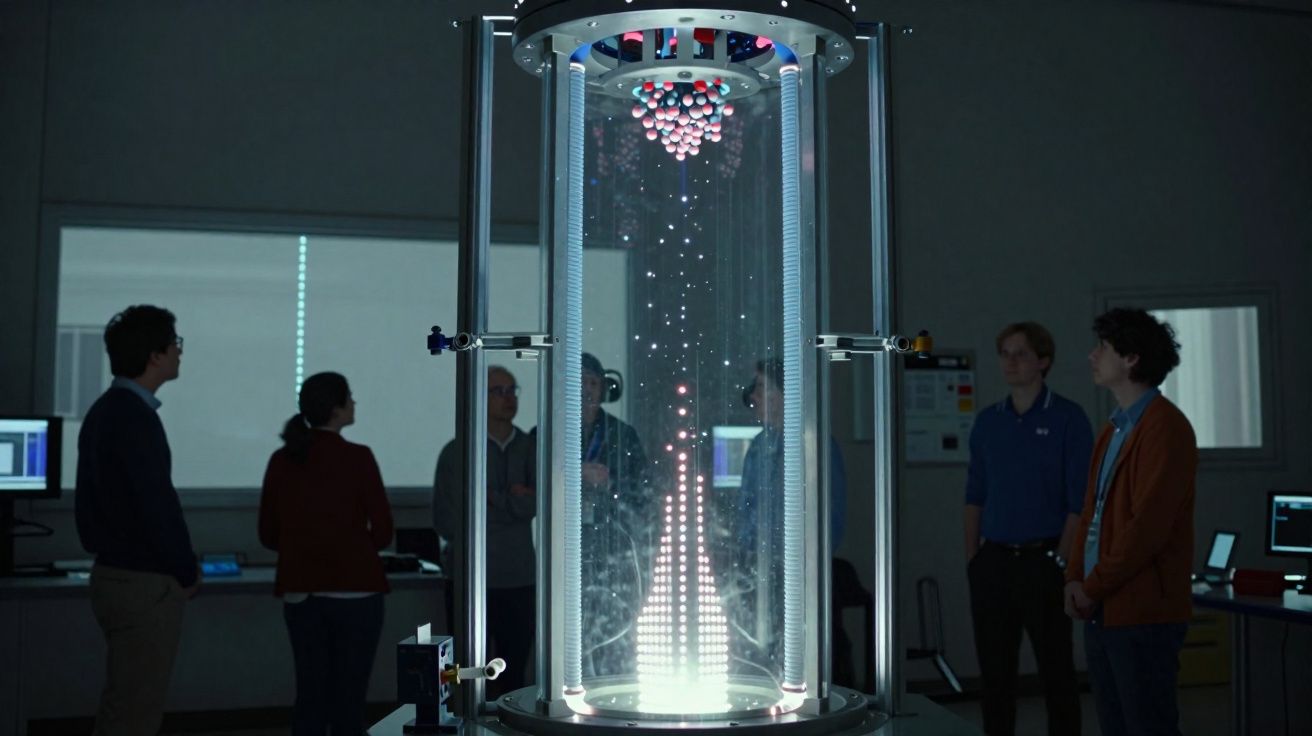 Vários investigadores observam um dispositivo cilíndrico iluminado com esferas coloridas suspensas no interior.