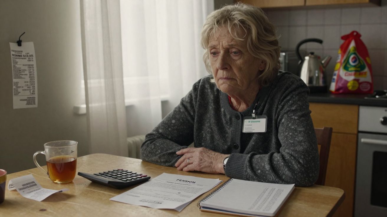 Mulher idosa preocupada sentada à mesa com documentos, calculadora e chá numa cozinha.