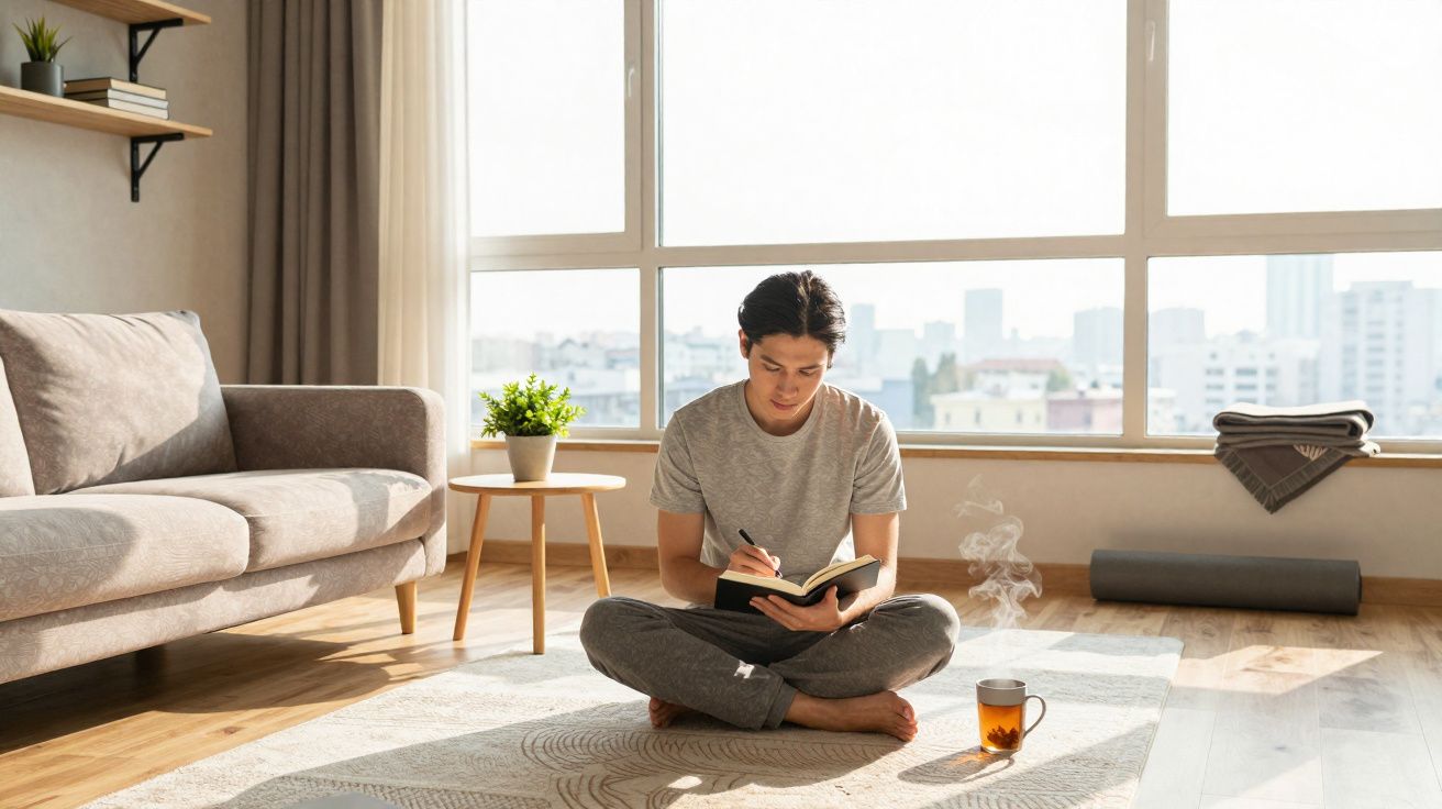 Pessoa sentada no chão a escrever num caderno, com chá fumegante ao lado, em sala luminosa e confortável.