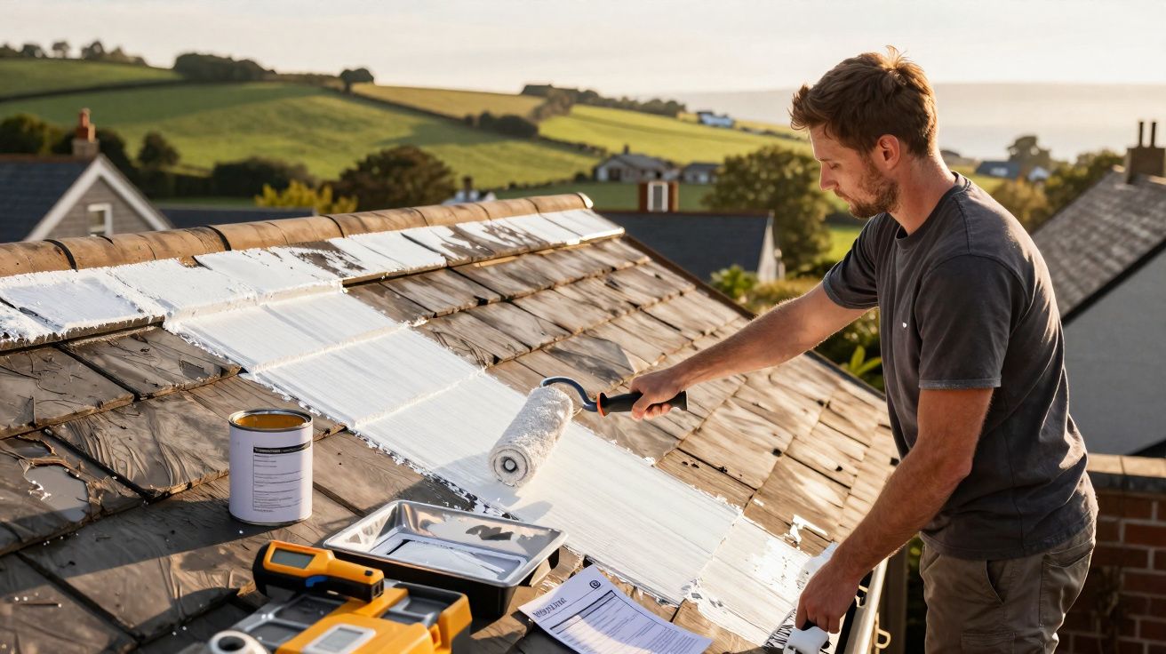 Homem a pintar um telhado com tinta branca ao ar livre numa área rural com colinas ao fundo.