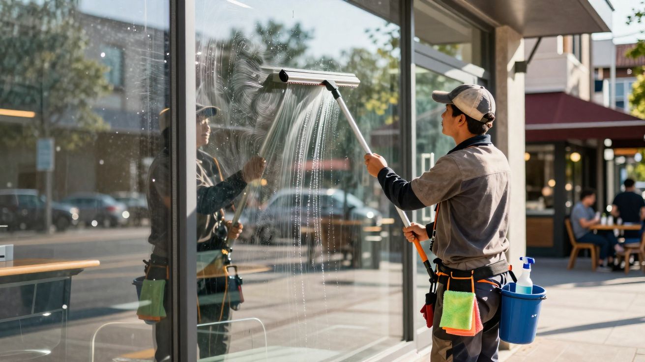 Homem a limpar uma grande montra de vidro com um rodo numa rua movimentada da cidade.