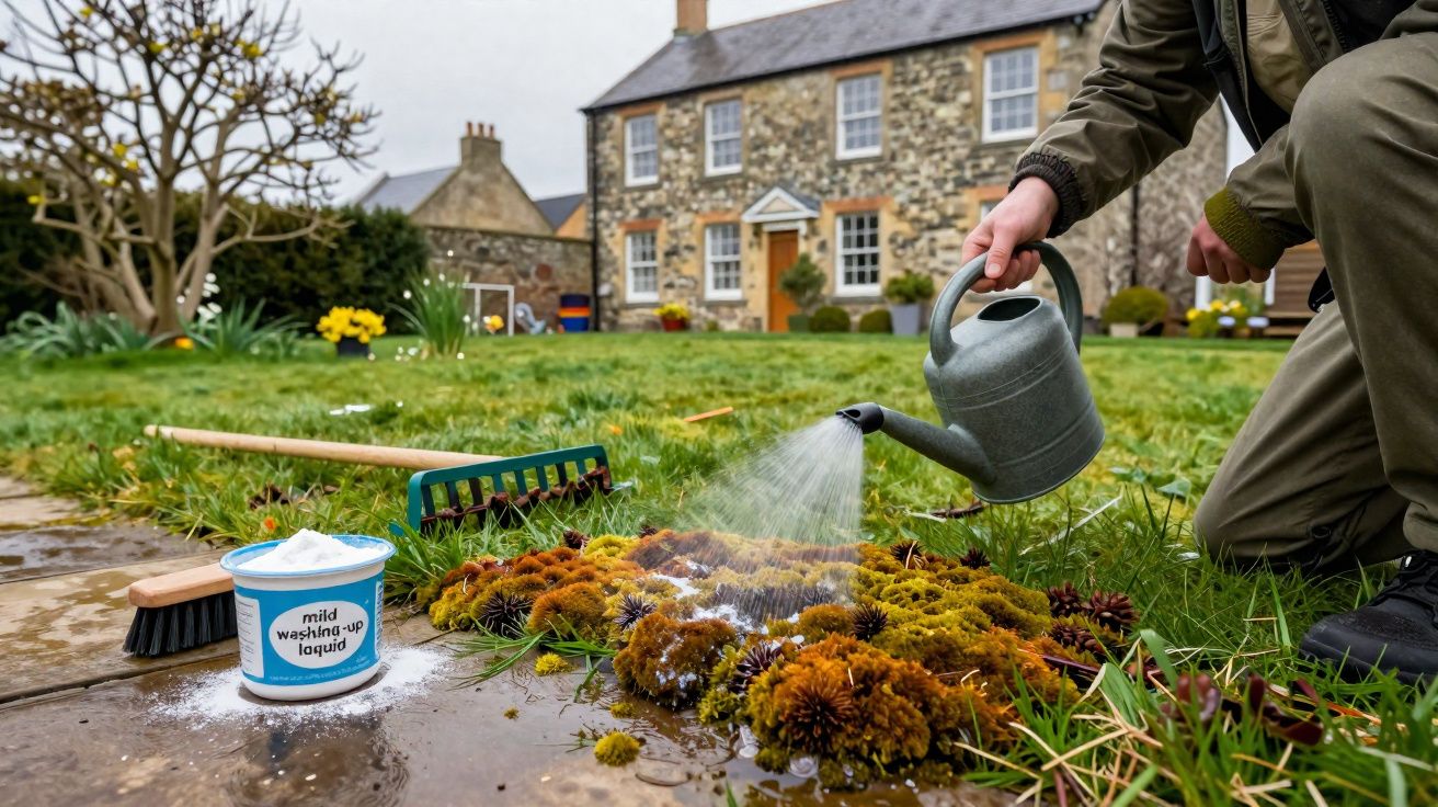 Pessoa a regar musgo com lata de água num jardim junto a casa de pedra, com ancinhos e escova ao lado.