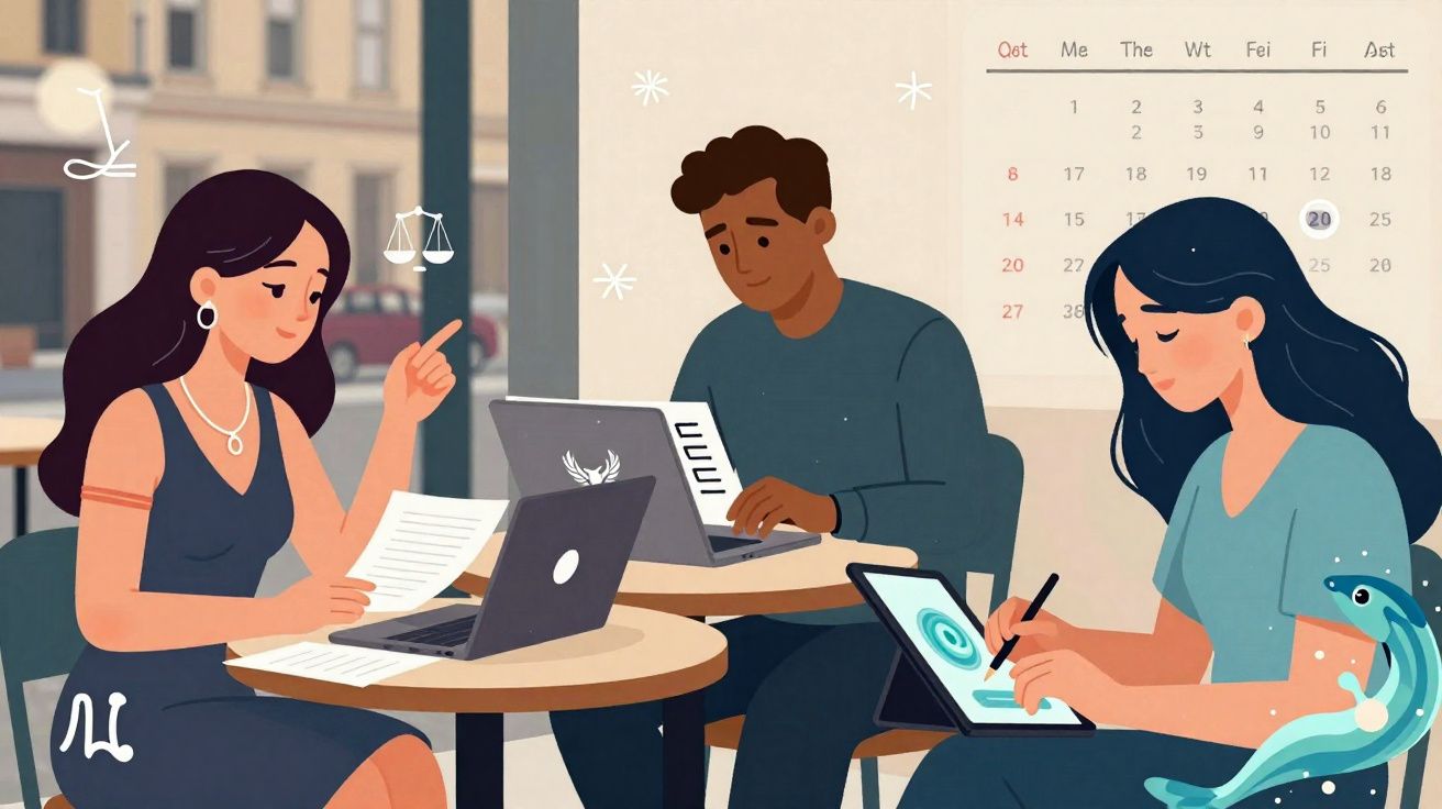 Três jovens a trabalhar em computadores e tablets numa mesa, com calendário e símbolos astrológicos ao fundo.