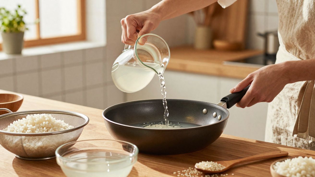 Pessoa a deitar líquido numa frigideira na cozinha com taças e arroz na bancada.