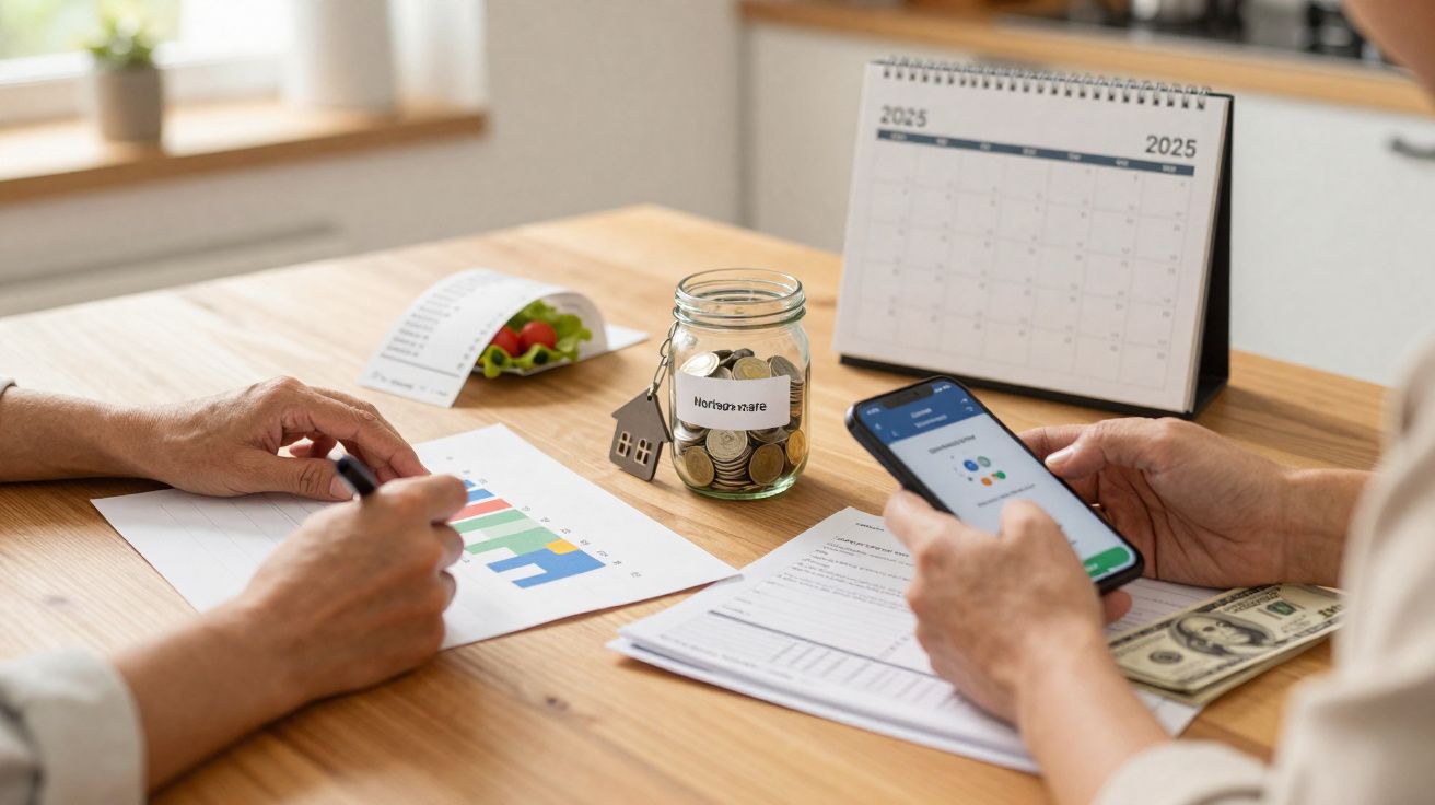 Duas pessoas a analisar gráficos e finanças com moedas num frasco, calendário e smartphone numa mesa de madeira.