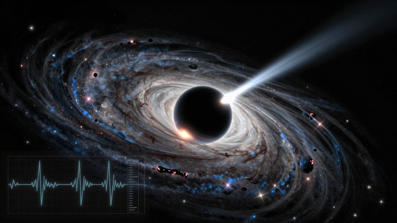 Buraco negro no centro de uma galáxia com disco de acreção e emissão de jato, com gráfico de sinais em sobreposição.