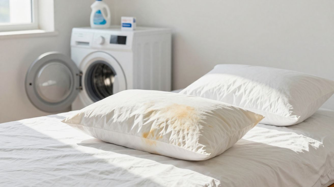 Almofada branca com nódoas amarelas sobre cama branca, máquina de lavar roupa ao fundo com porta aberta.