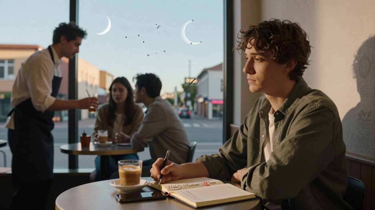 Jovem sentado num café a escrever num caderno, com um copo de café e outras pessoas ao fundo.