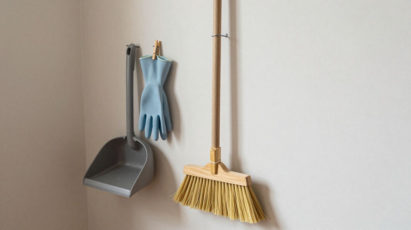 Pá de lixo cinza, luvas azuis penduradas e vassoura de madeira numa parede branca.