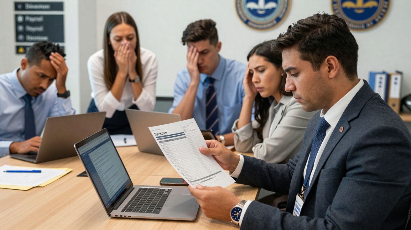 Grupo de profissionais preocupados numa reunião de escritório a analisar documentos e computadores.