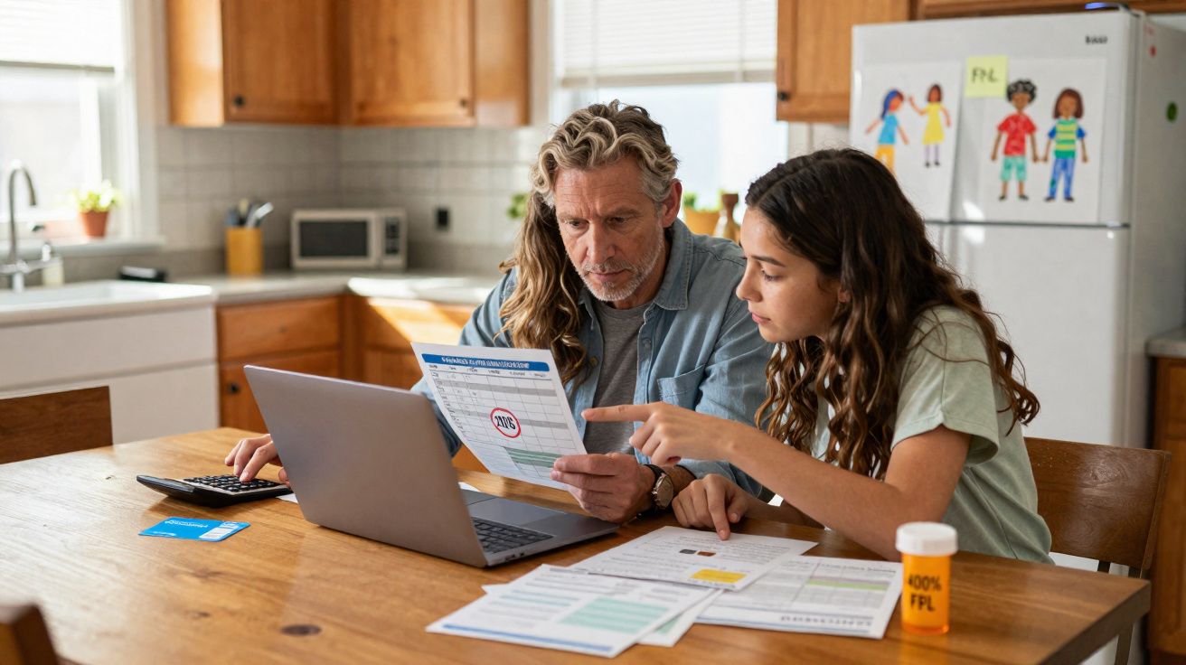 Pai e filha analisam contas e documentos na cozinha, focados num computador portátil.
