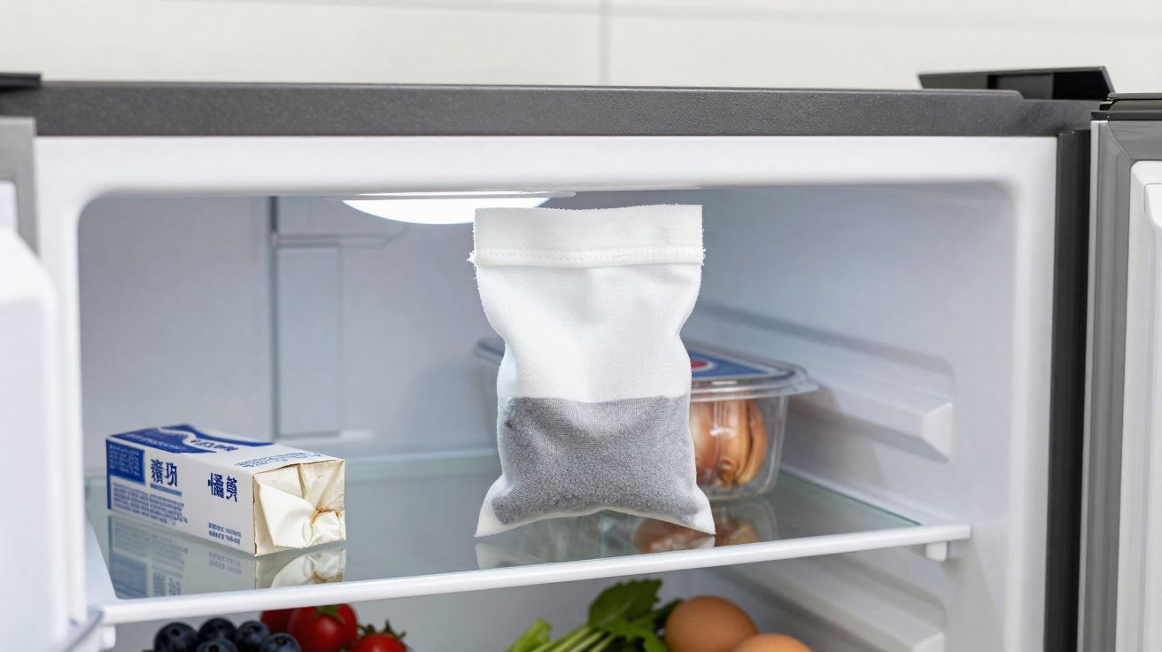 Interior de frigorífico com ovos, tomate, mirtilos, caixa branca, e saqueta branca e cinza em foco.