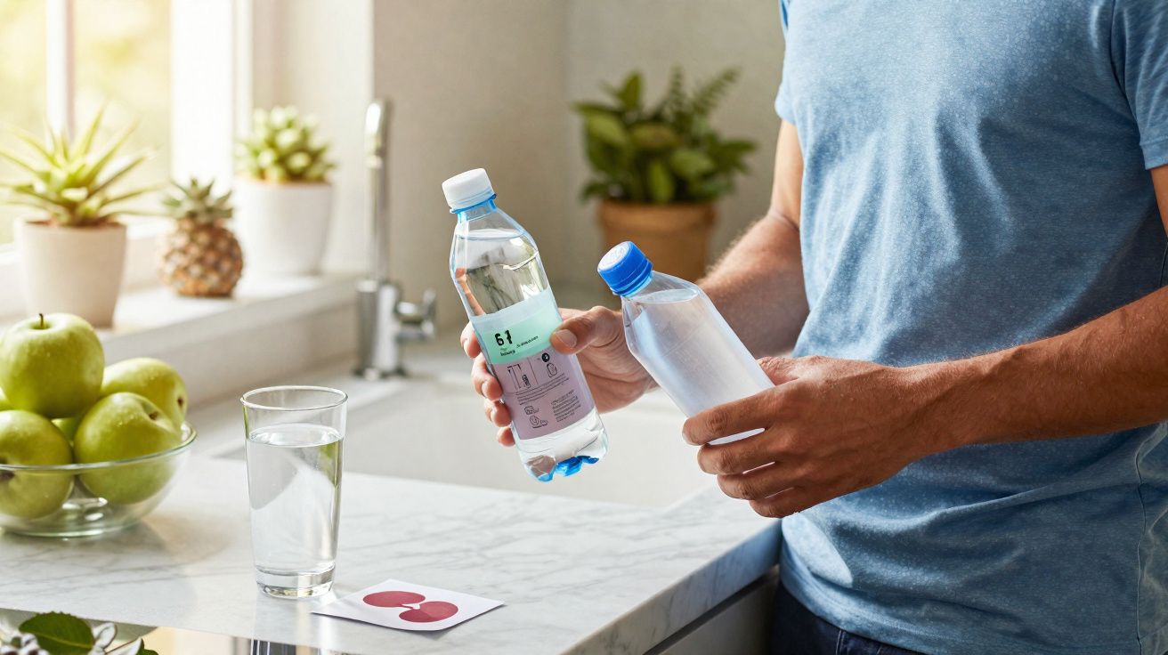 Pessoa a segurar duas garrafas de água numa cozinha com maçãs verdes e plantas no fundo.