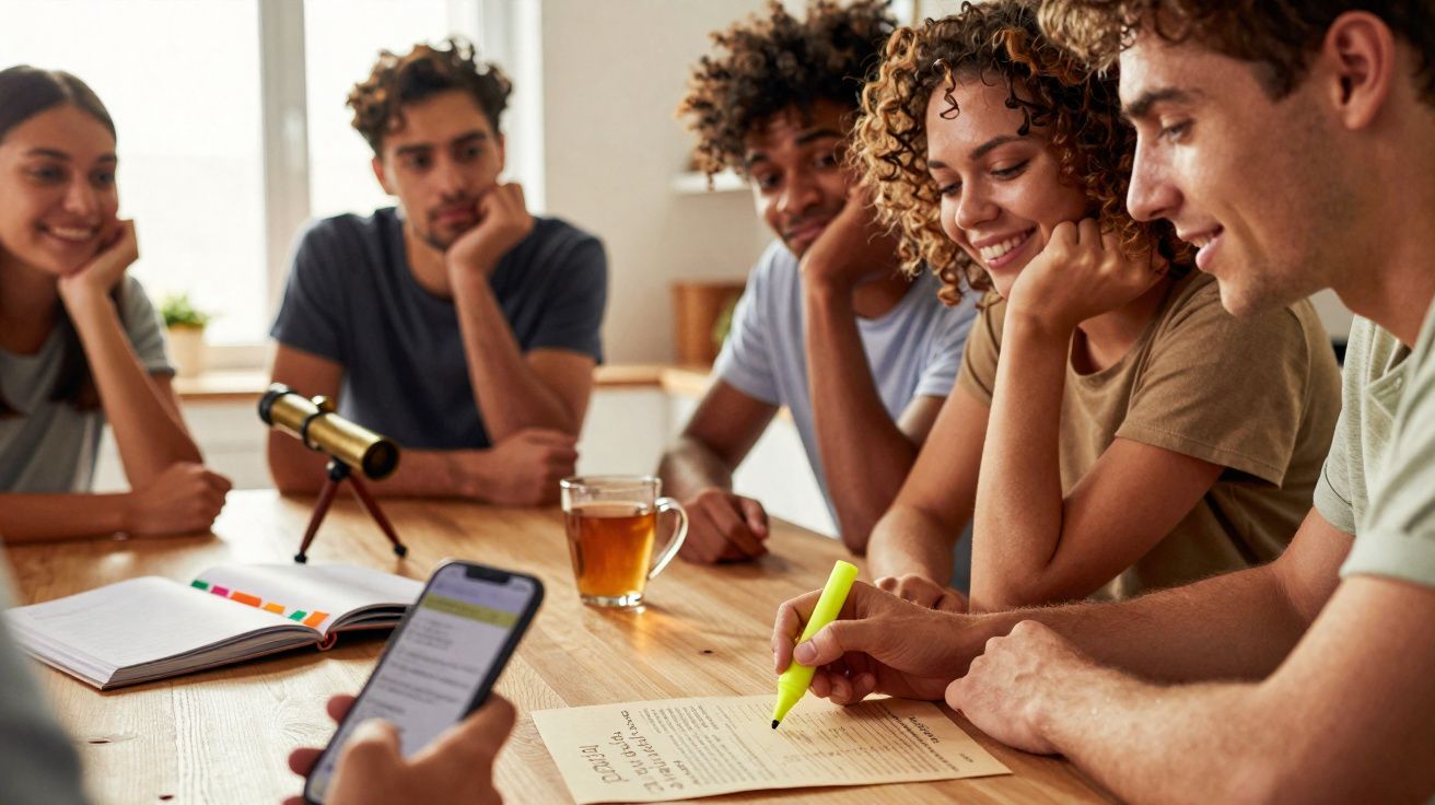 Grupo de cinco jovens atentos a um estudo em grupo com anotações e um telefone numa mesa de madeira.