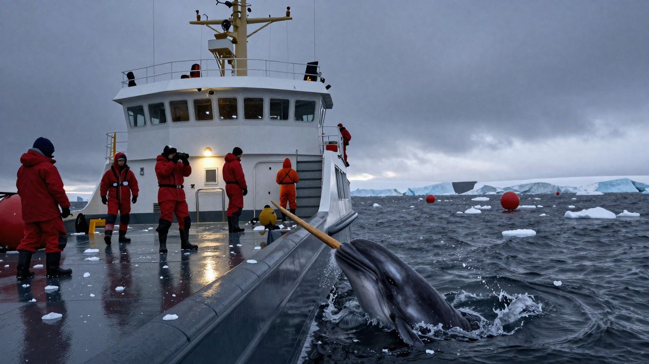 Pessoas de casacos vermelhos num barco em águas geladas, com golfinho a interagir junto ao convés numa paisagem polar.